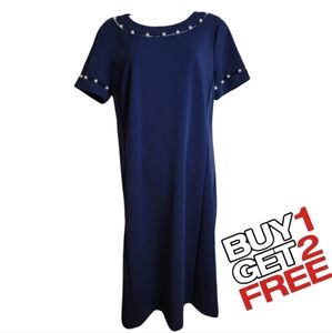 ILE New York Navy Blue Short‎ Sleeve Dress Size 10 Pearl Accents